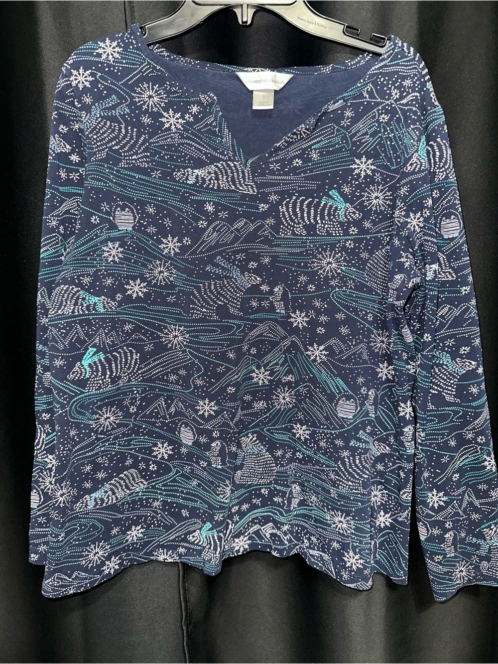 Christopher & Banks Navy Long-Sleeve Top with White & Teal Winter Print